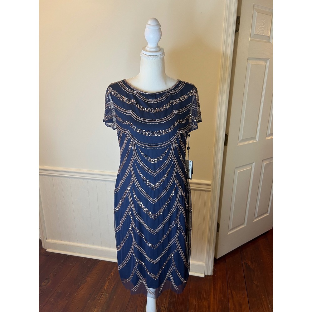Adrianna Papell Navy Blue Sequin Beaded Art Deco Sheath Cocktail Dress NEW 10 - Picture 5 of 16